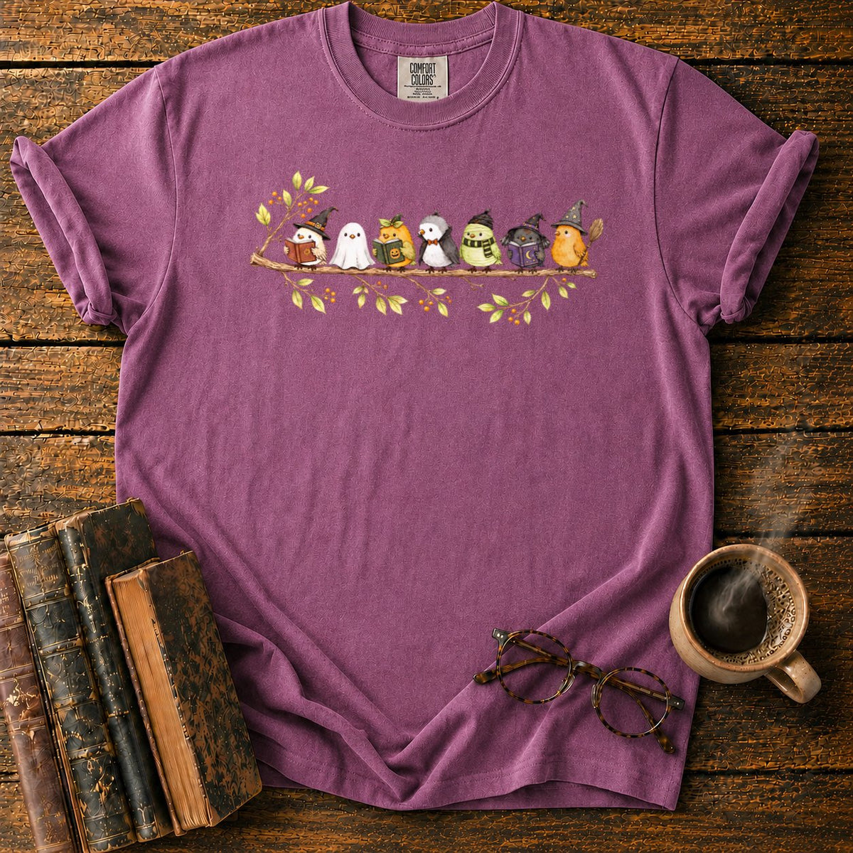 Seven Whimsical Halloween Birds On A Branch T-Shirt in Berry – BooksThreads