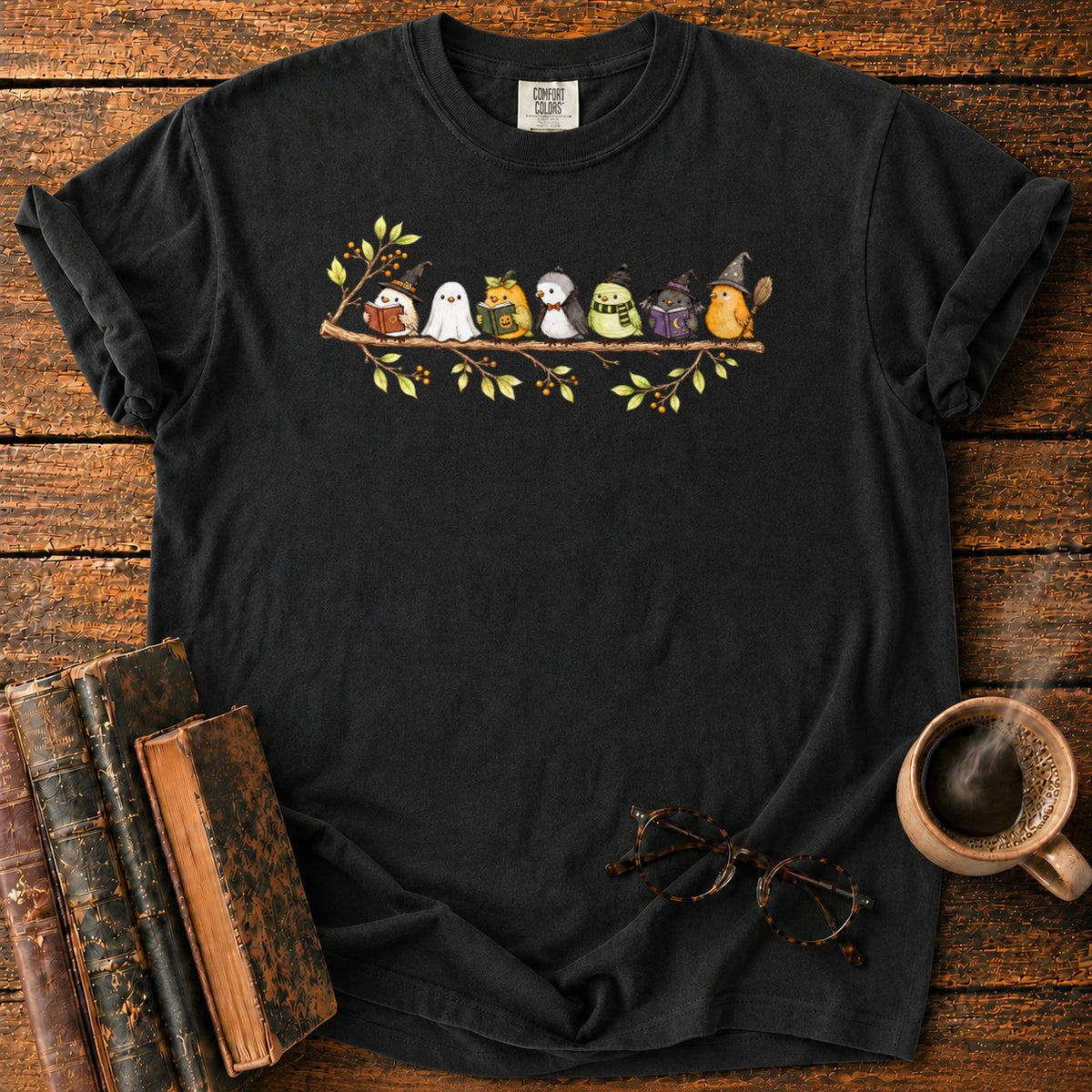 Seven Whimsical Halloween Birds On A Branch T-Shirt in Black – BooksThreads