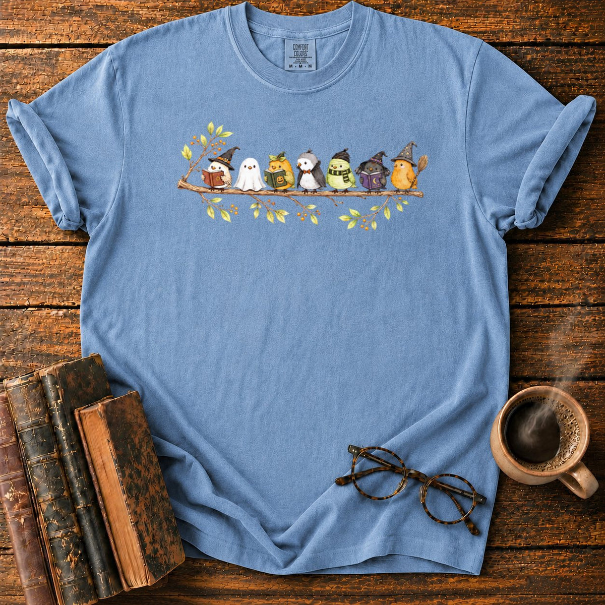 Seven Whimsical Halloween Birds On A Branch T-Shirt in Blue Jean – BooksThreads