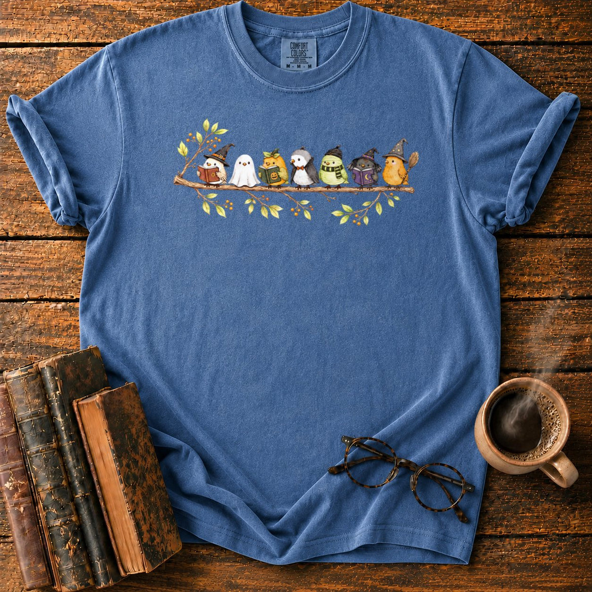 Seven Whimsical Halloween Birds On A Branch T-Shirt in Denim – BooksThreads