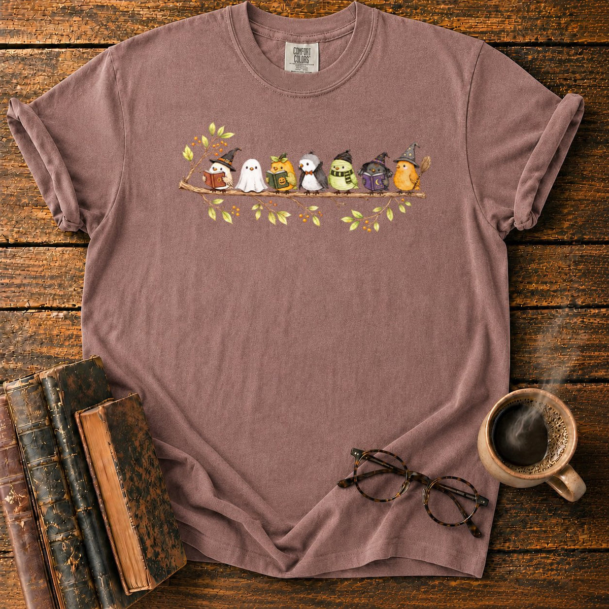 Seven Whimsical Halloween Birds On A Branch T-Shirt in Espresso – BooksThreads