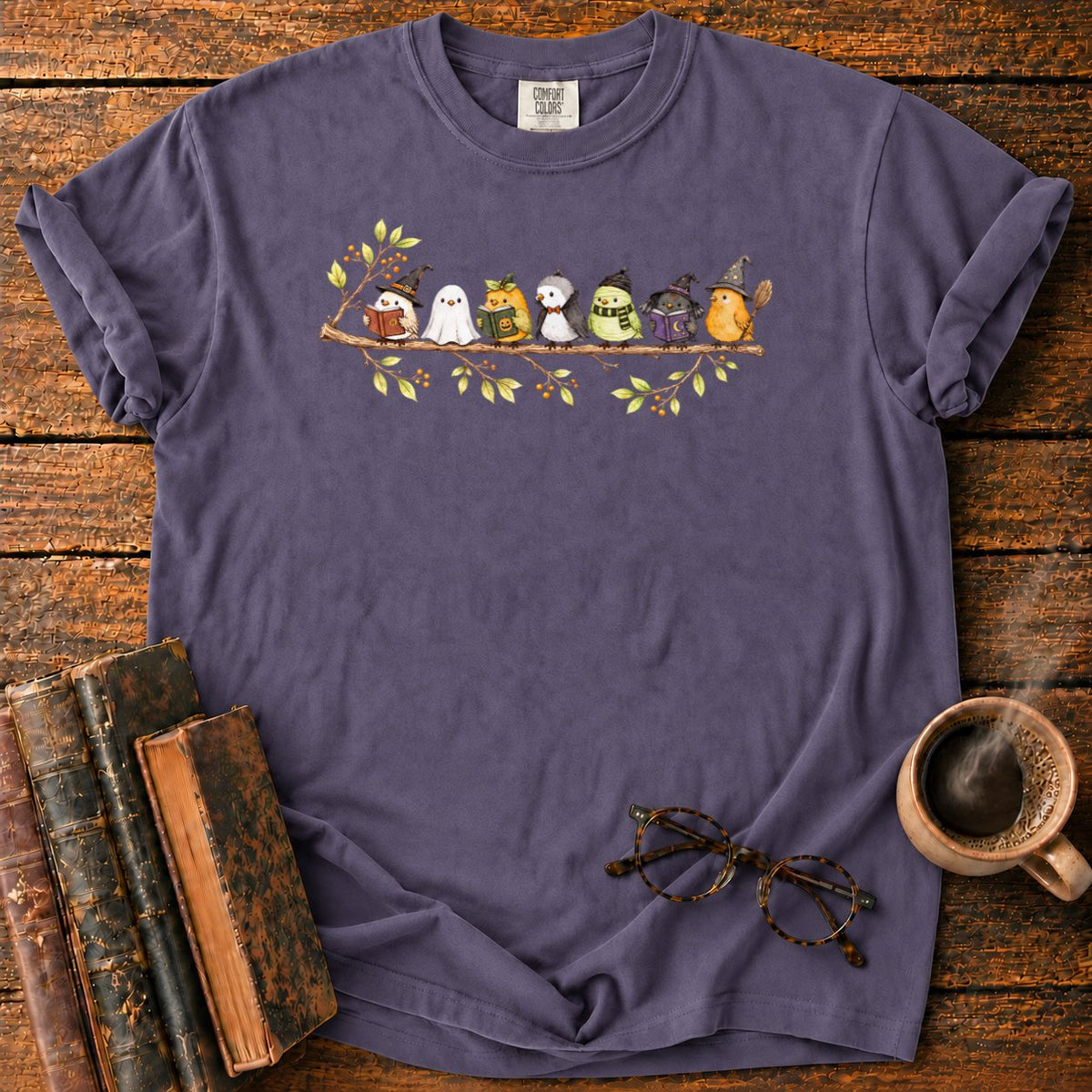 Seven Whimsical Halloween Birds On A Branch T-Shirt in Grape – BooksThreads
