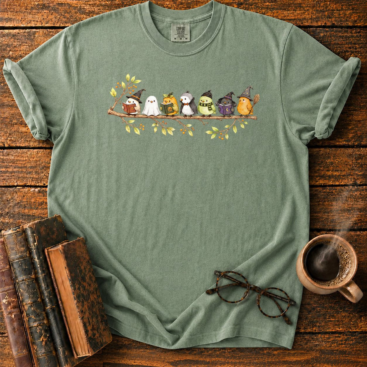 Seven Whimsical Halloween Birds On A Branch T-Shirt in Moss – BooksThreads