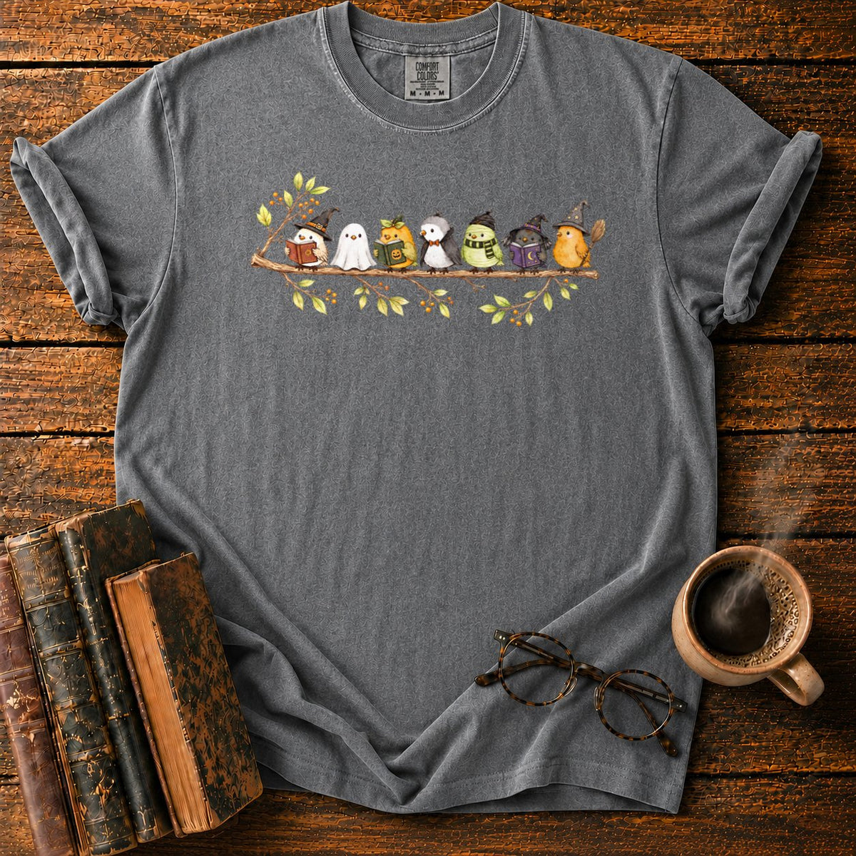 Seven Whimsical Halloween Birds On A Branch T-Shirt in Pepper – BooksThreads