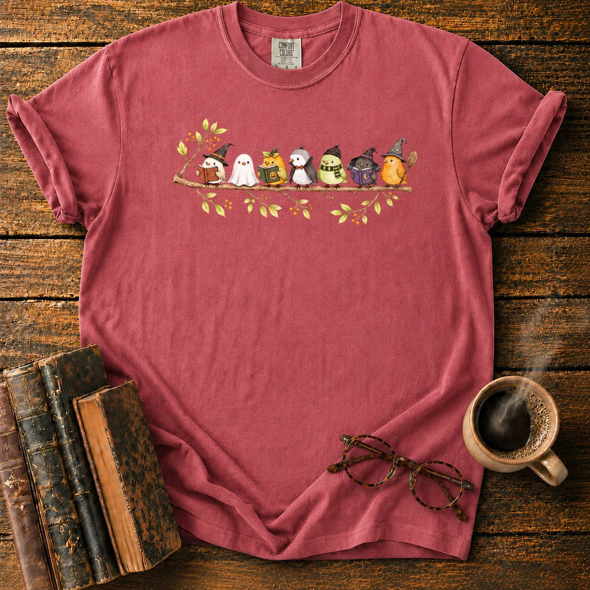 Seven Whimsical Halloween Birds On A Branch T-Shirt in Watermelon – BooksThreads
