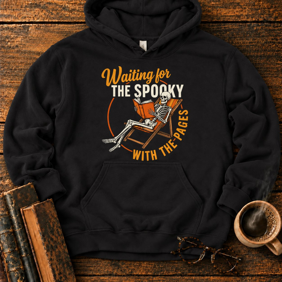 Skeleton, Book, And Chair On Black Hoodie in Black – BooksThreads