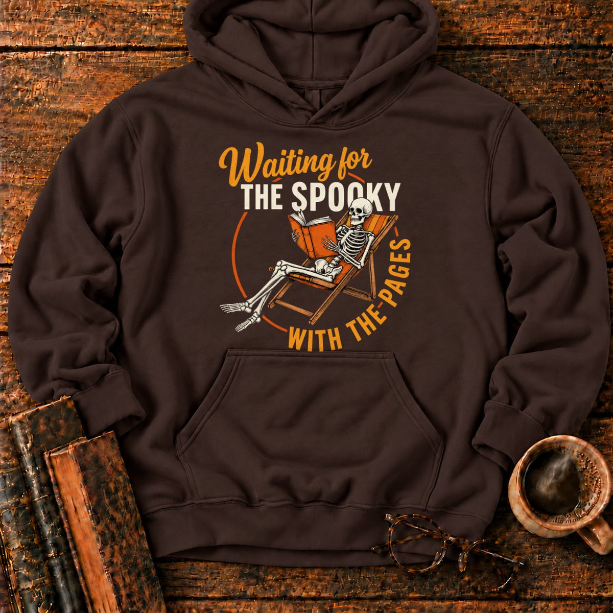 Skeleton, Book, And Chair On Black Hoodie in Dark Chocolate – BooksThreads