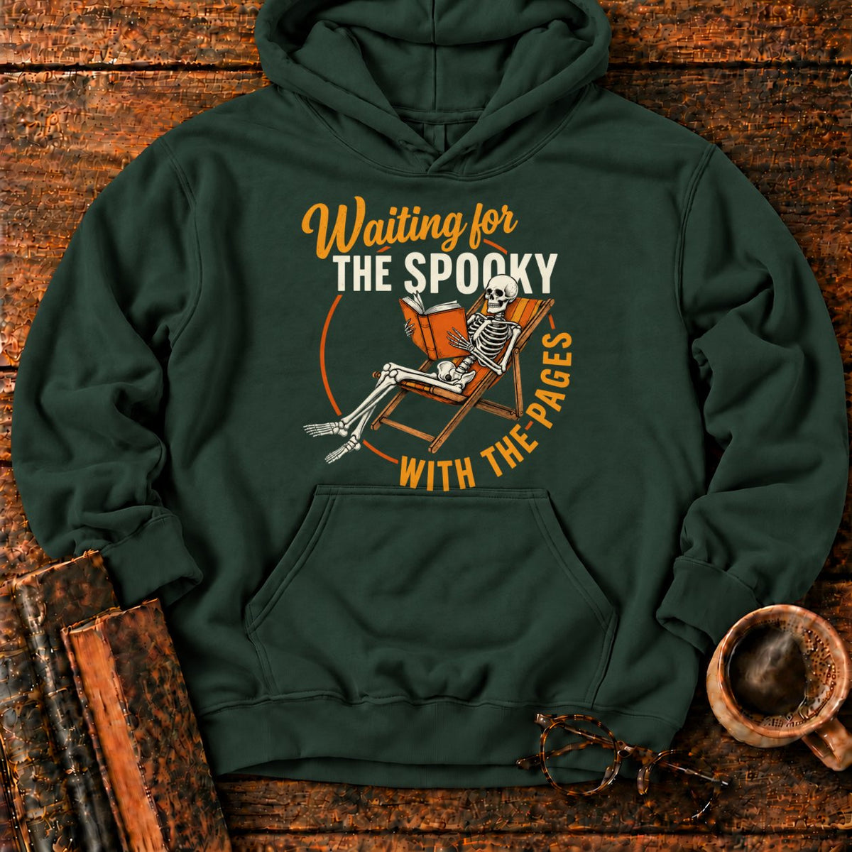 Skeleton, Book, And Chair On Black Hoodie in Forest Green – BooksThreads