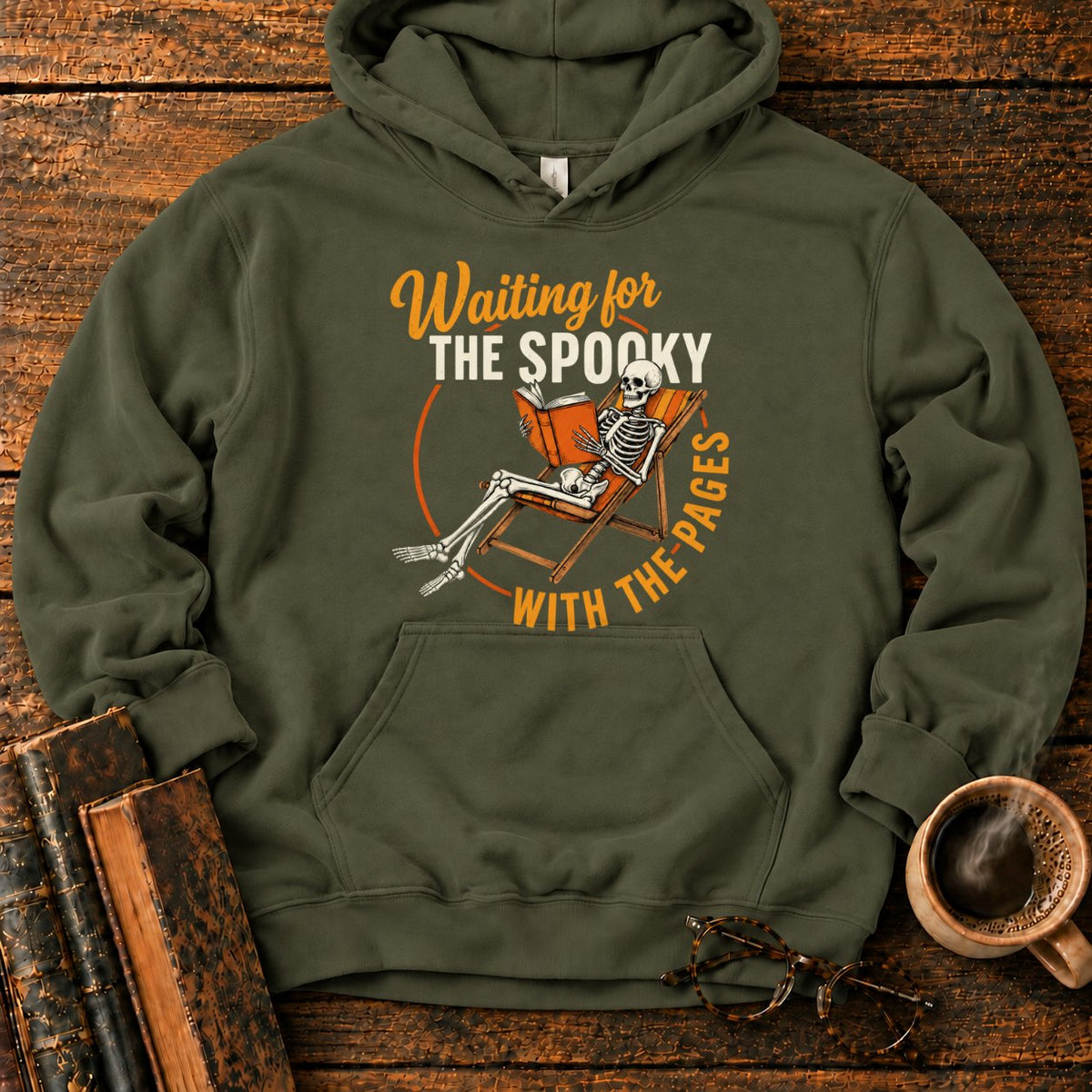 Skeleton, Book, And Chair On Black Hoodie in Military Green – BooksThreads
