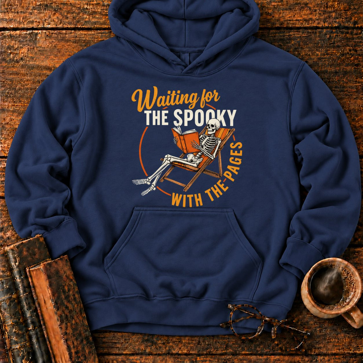 Skeleton, Book, And Chair On Black Hoodie in Navy – BooksThreads