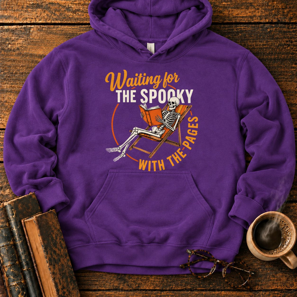 Skeleton, Book, And Chair On Black Hoodie in Purple – BooksThreads