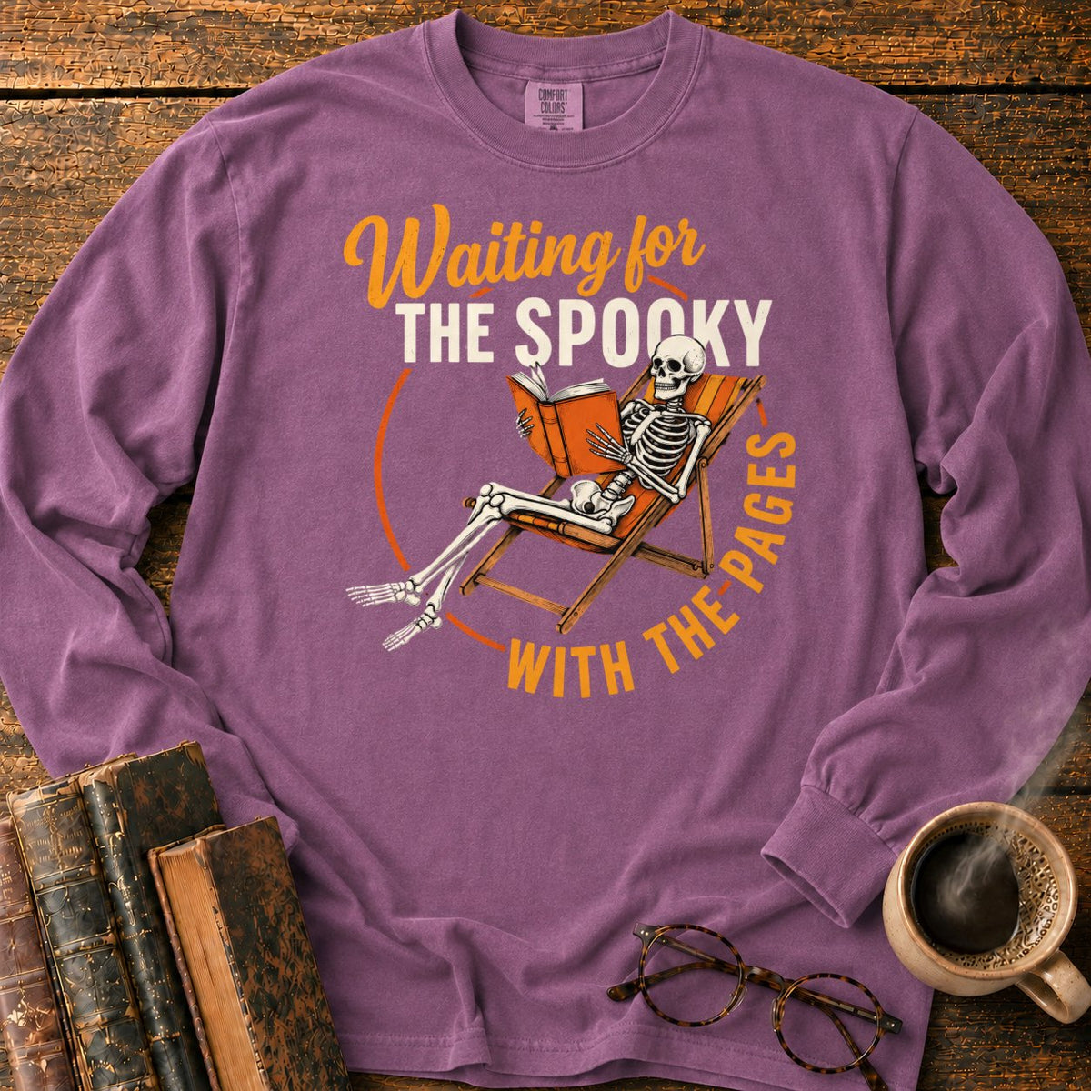 Skeleton, Book, And Chair On Black LS T-Shirt in Berry – BooksThreads