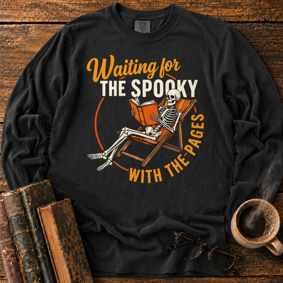 Skeleton, Book, And Chair On Black LS T-Shirt in Black – BooksThreads