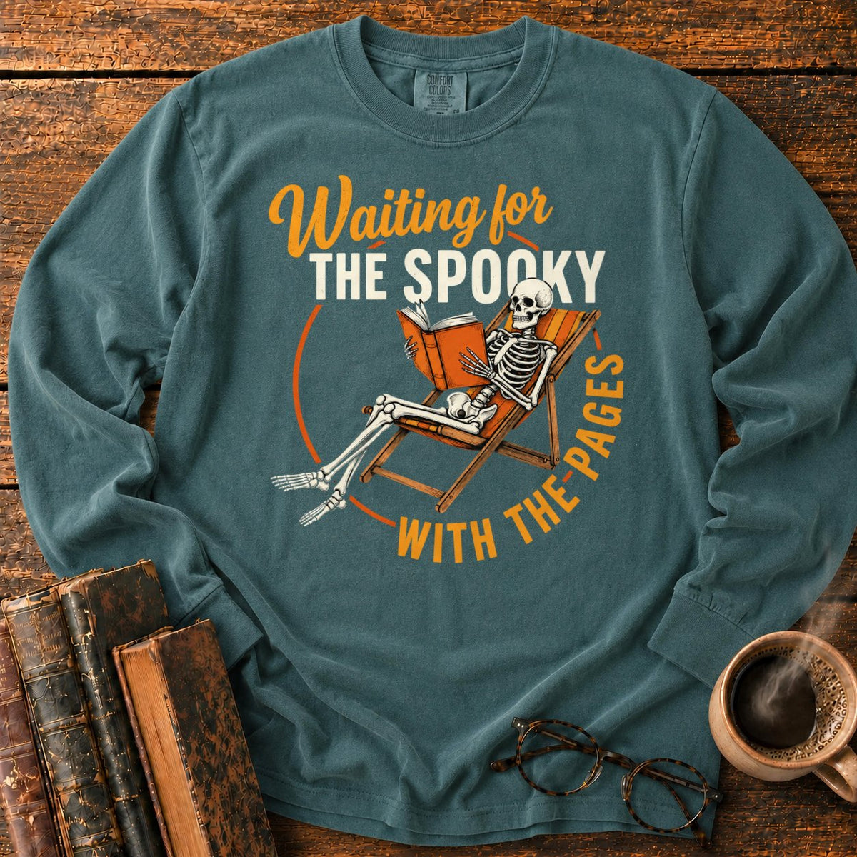 Skeleton, Book, And Chair On Black LS T-Shirt in Blue Spruce – BooksThreads