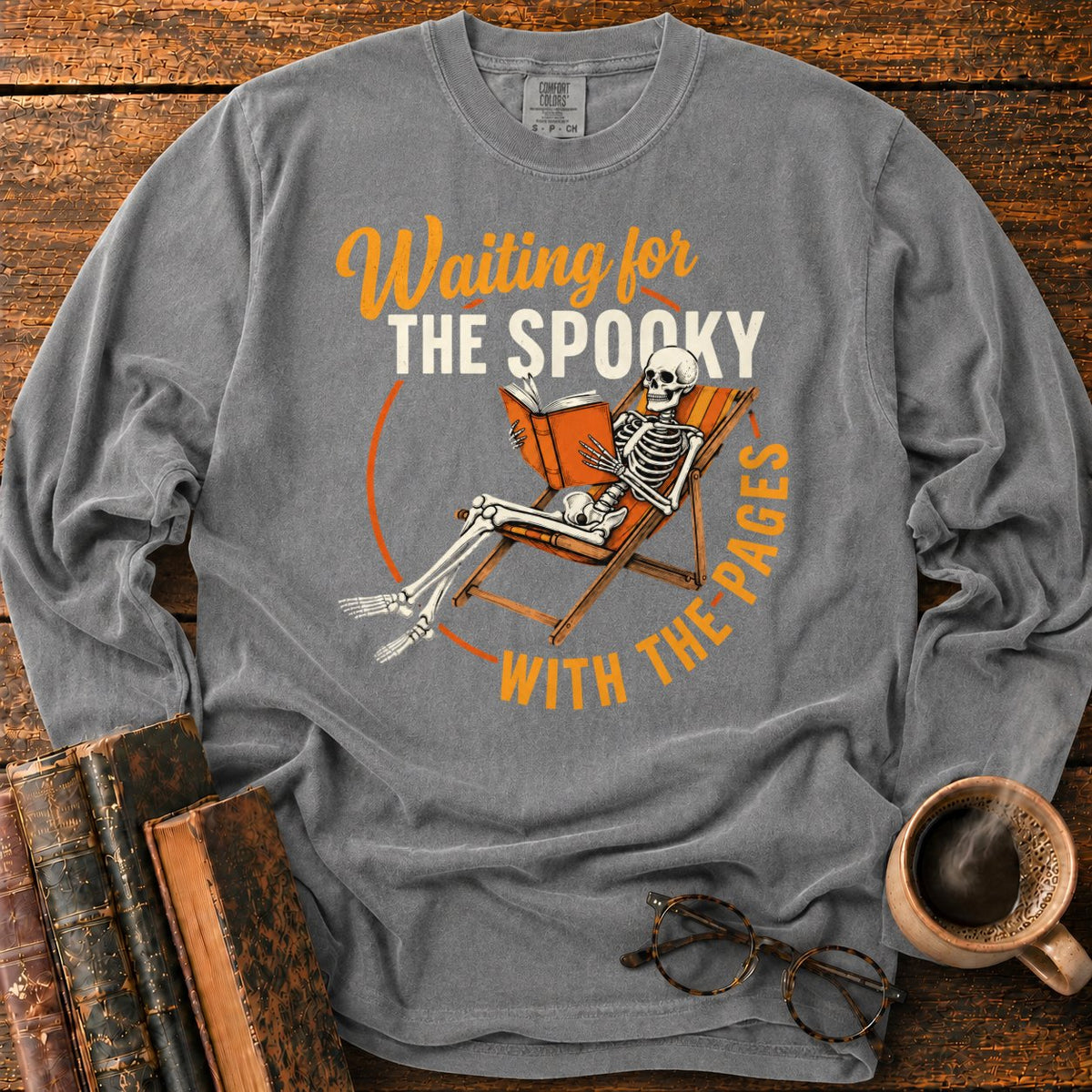Skeleton, Book, And Chair On Black LS T-Shirt in Pepper – BooksThreads