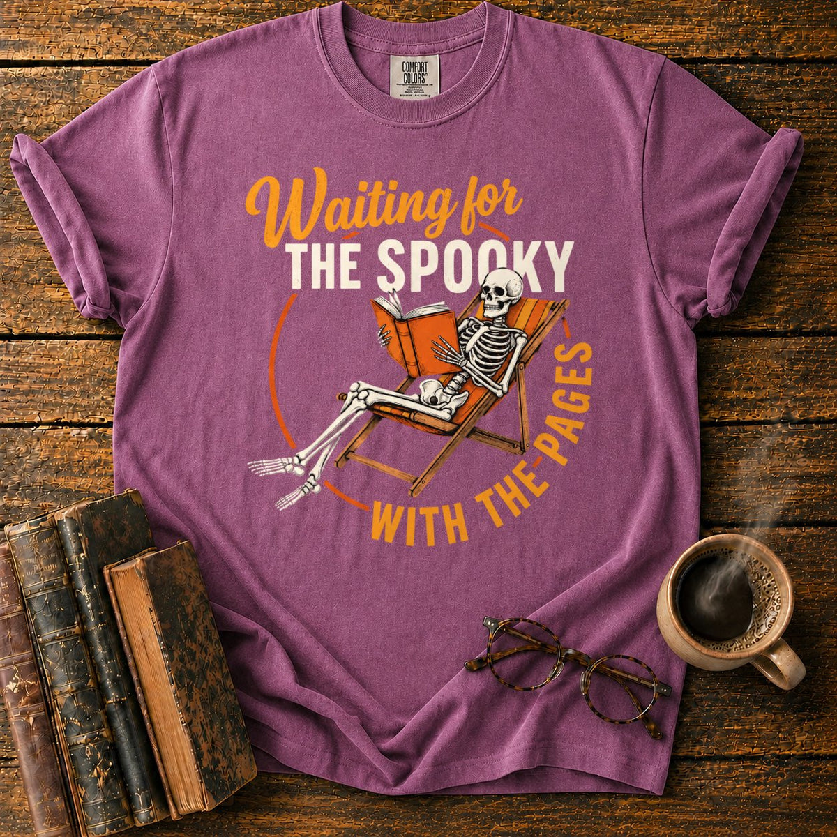 Skeleton, Book, And Chair On Black T-Shirt in Berry – BooksThreads