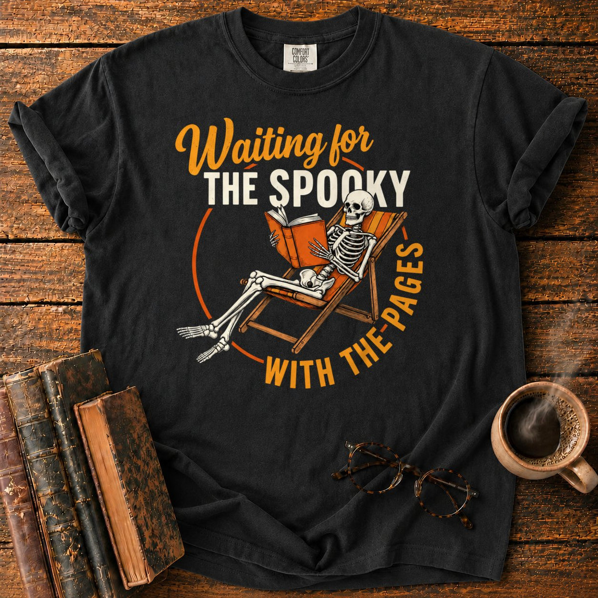 Skeleton, Book, And Chair On Black T-Shirt in Black – BooksThreads