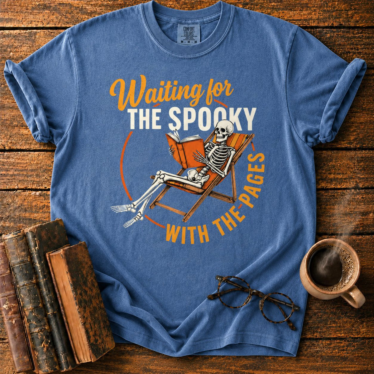 Skeleton, Book, And Chair On Black T-Shirt in Denim – BooksThreads