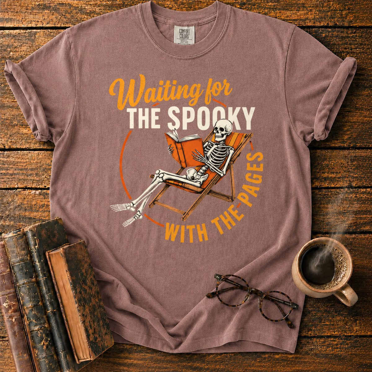 Skeleton, Book, And Chair On Black T-Shirt in Espresso – BooksThreads