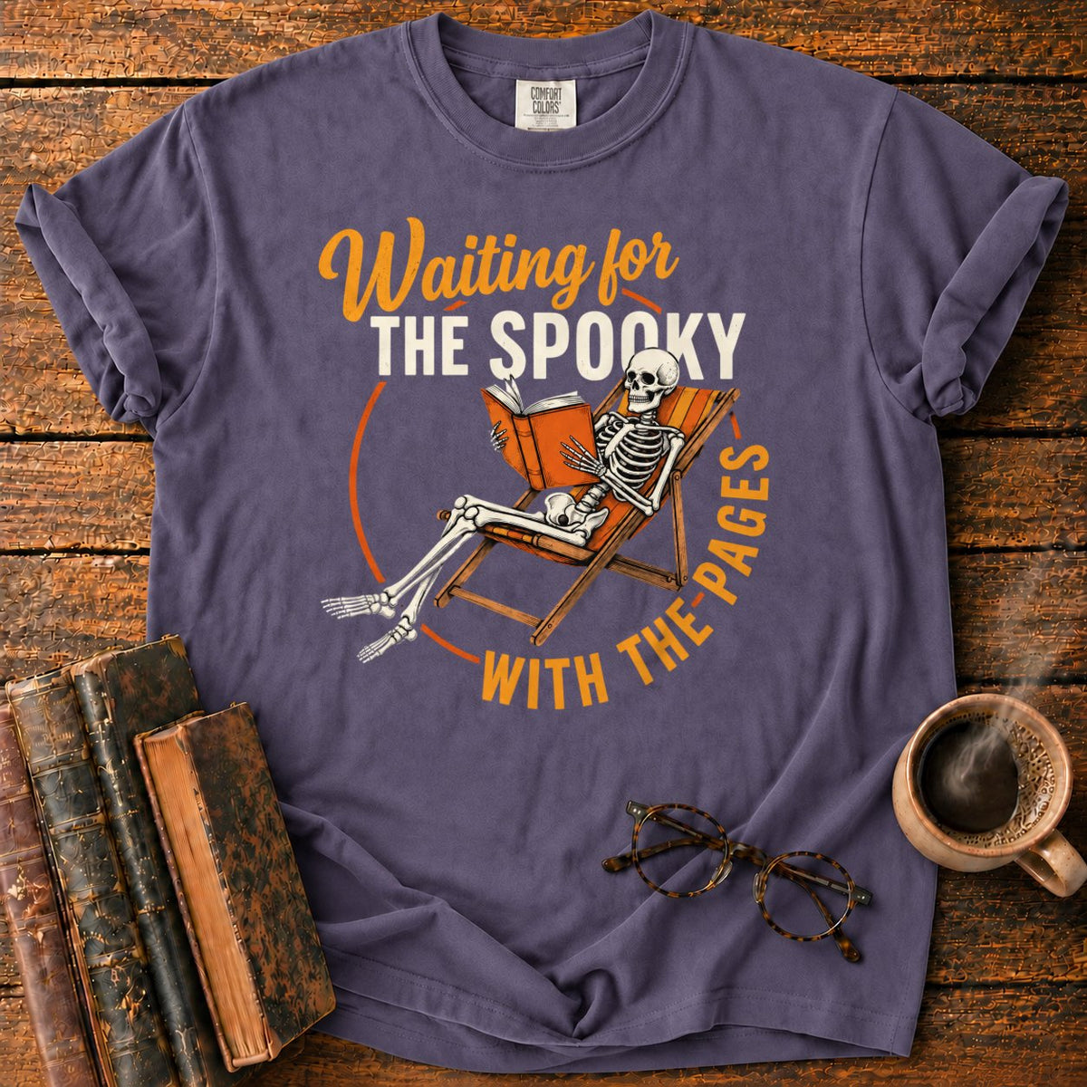 Skeleton, Book, And Chair On Black T-Shirt in Grape – BooksThreads