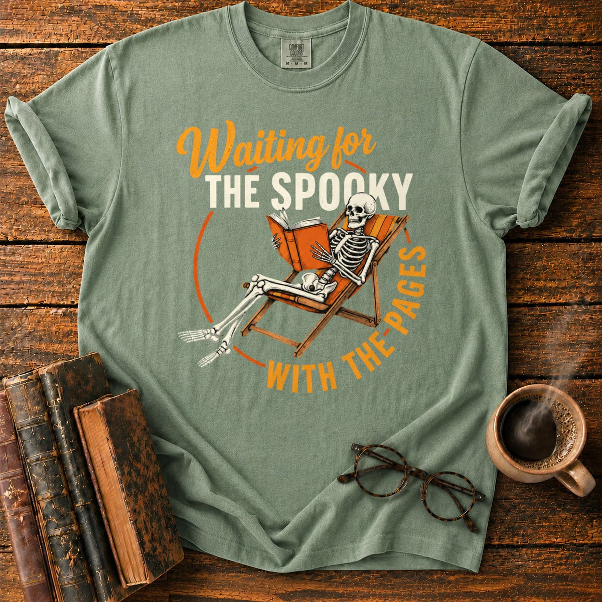 Skeleton, Book, And Chair On Black T-Shirt in Moss – BooksThreads