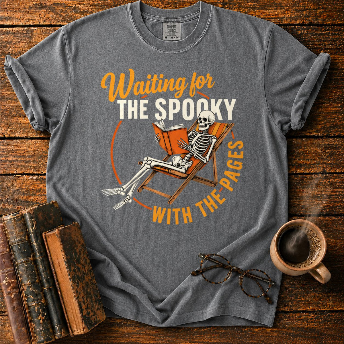 Skeleton, Book, And Chair On Black T-Shirt in Pepper – BooksThreads