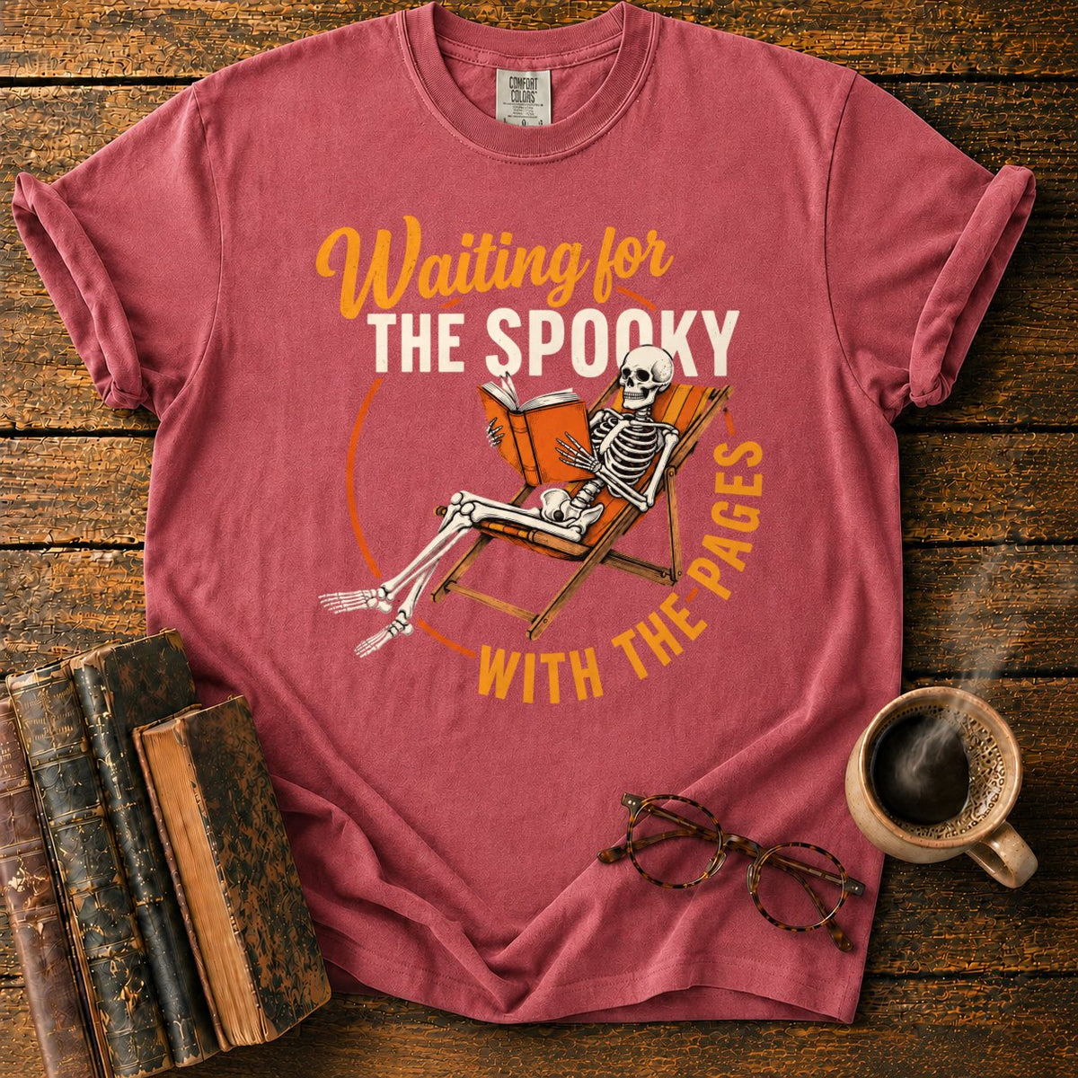 Skeleton, Book, And Chair On Black T-Shirt in Watermelon – BooksThreads