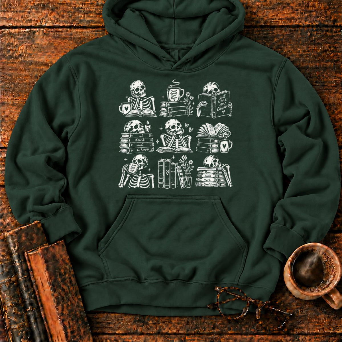 Skeleton Reader 9 Grid Hoodie in Forest Green – BooksThreads