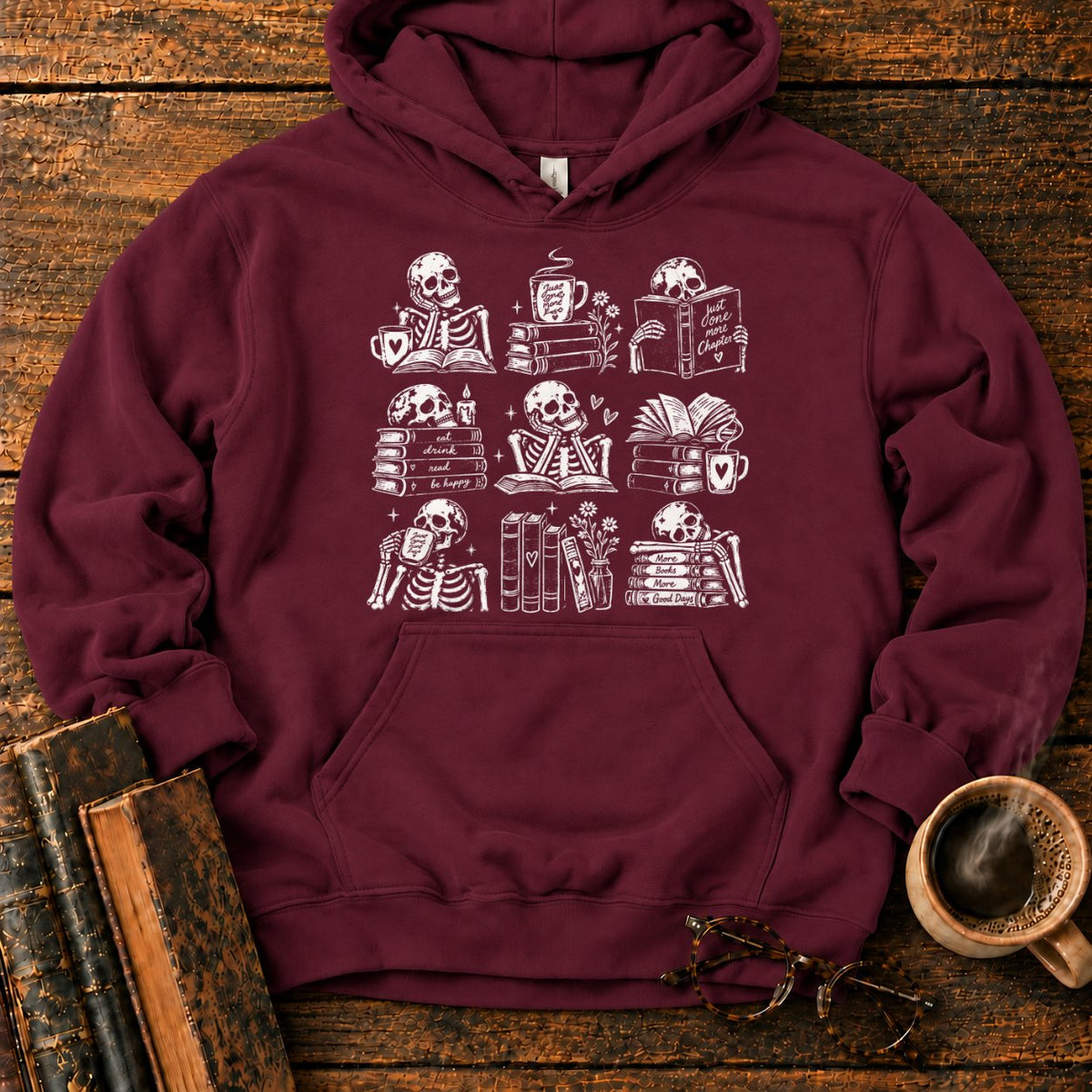 Skeleton Reader 9 Grid Hoodie in Maroon – BooksThreads