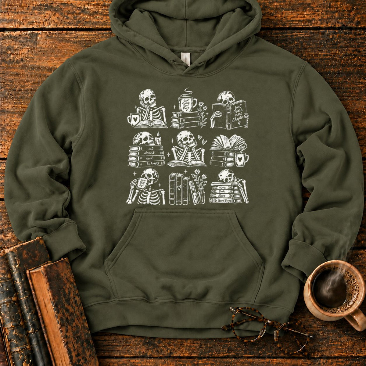 Skeleton Reader 9 Grid Hoodie in Military Green – BooksThreads