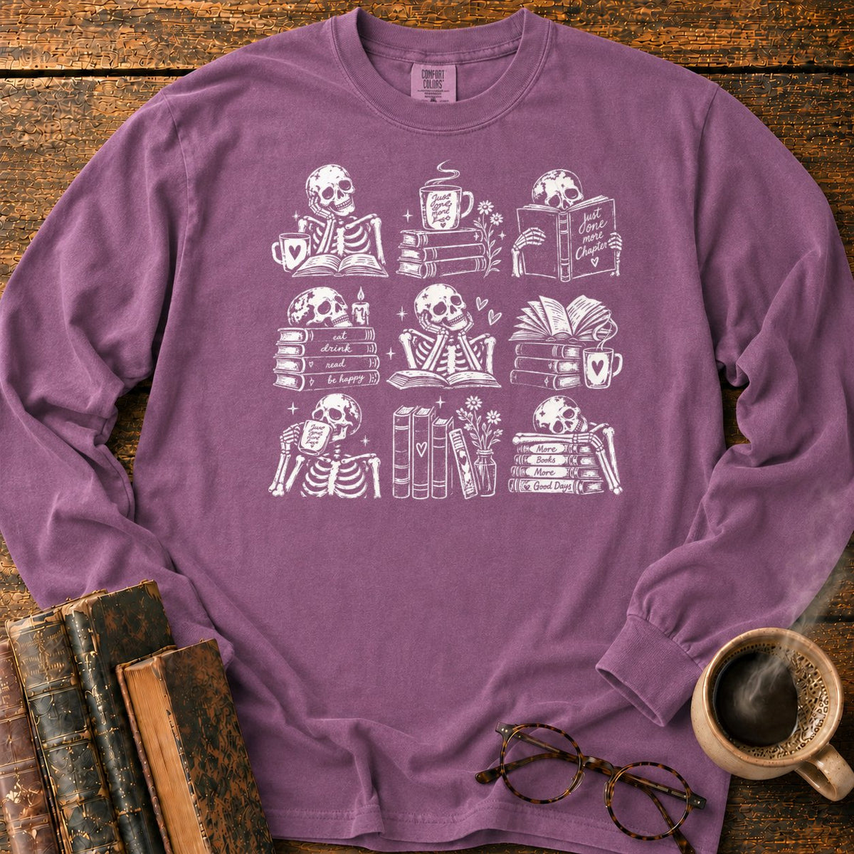 Skeleton Reader 9 Grid LS T-Shirt in Berry – BooksThreads