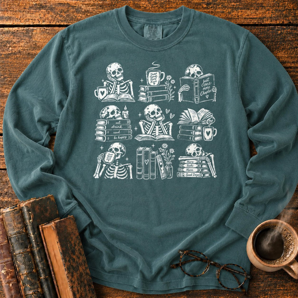 Skeleton Reader 9 Grid LS T-Shirt in Blue Spruce – BooksThreads