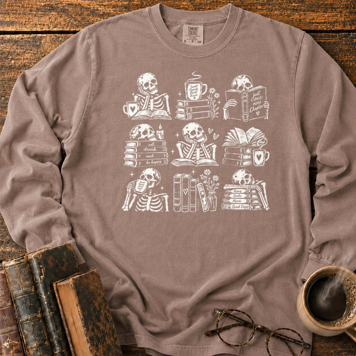 Skeleton Reader 9 Grid LS T-Shirt in Espresso – BooksThreads