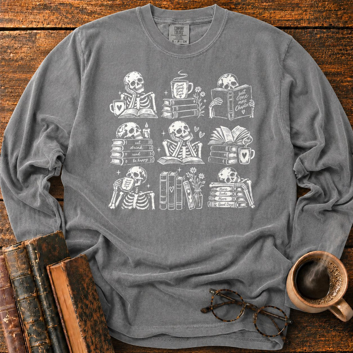 Skeleton Reader 9 Grid LS T-Shirt in Pepper – BooksThreads