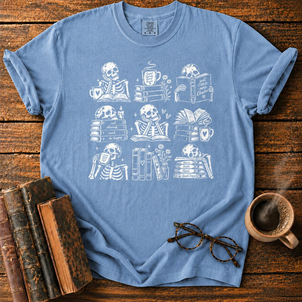 Skeleton Reader 9 Grid T-Shirt in Blue Jean – BooksThreads
