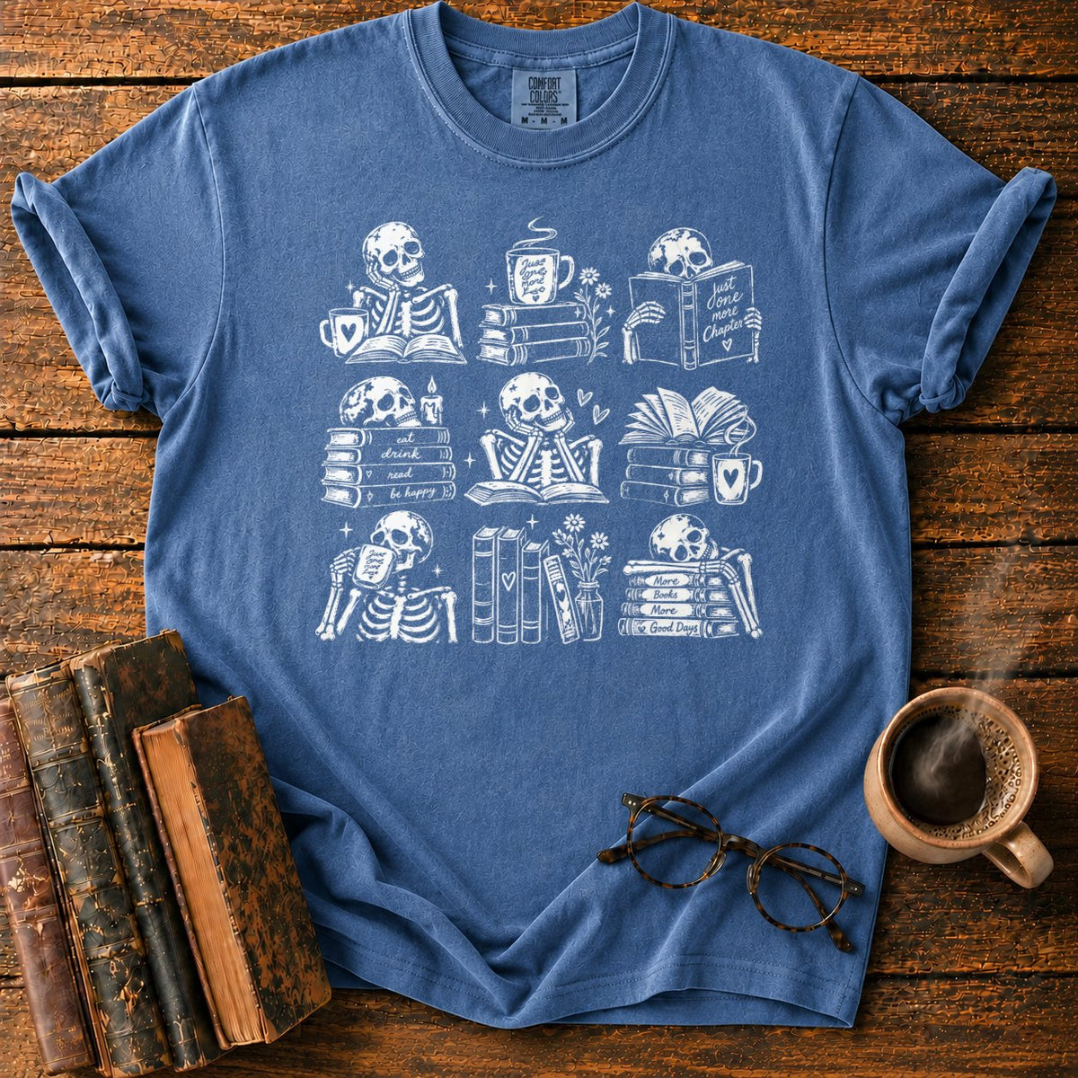 Skeleton Reader 9 Grid T-Shirt in Denim – BooksThreads