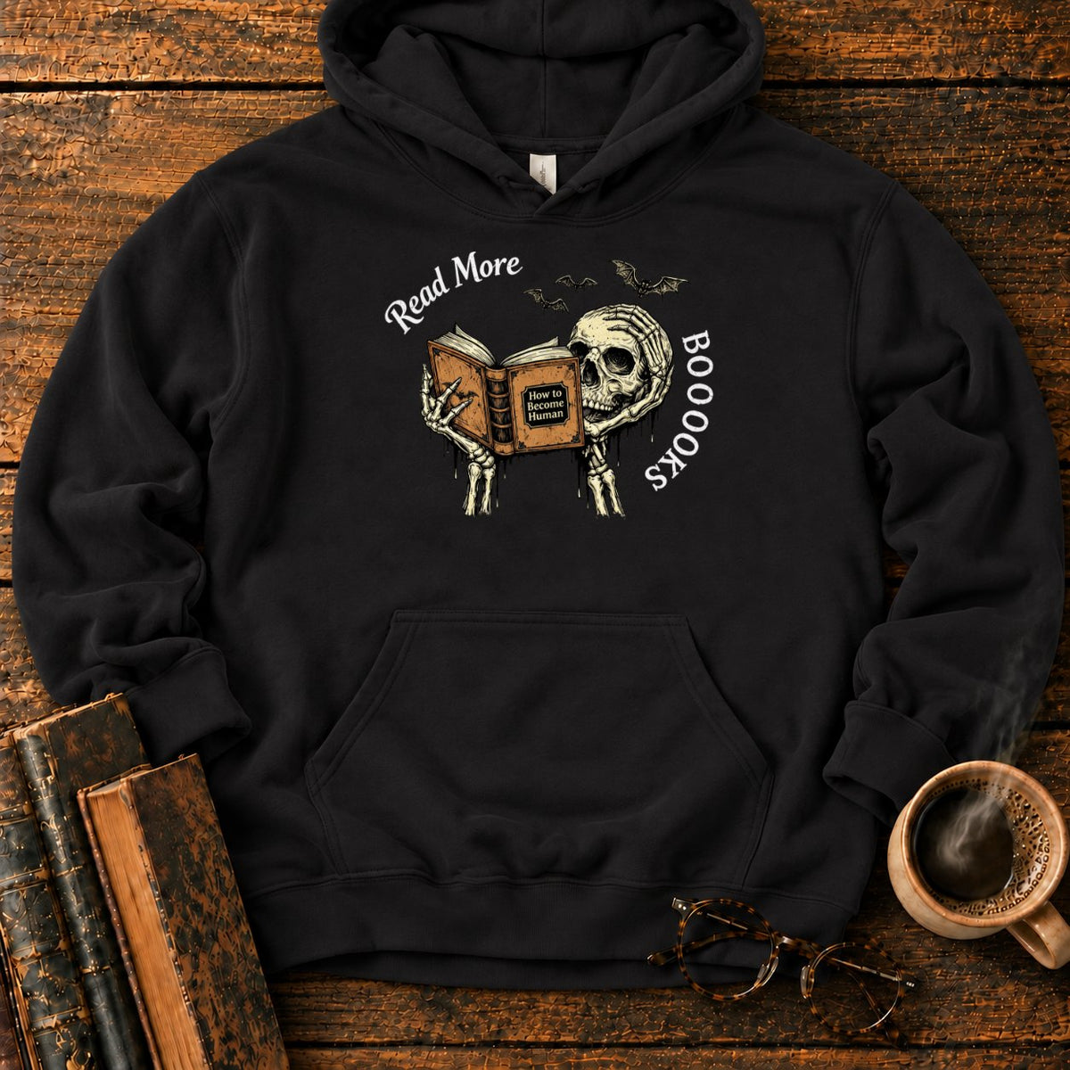 Skeleton Reader With An Open Book Hoodie in Black – BooksThreads