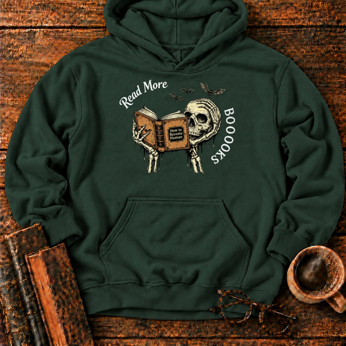 Skeleton Reader With An Open Book Hoodie in Forest Green – BooksThreads