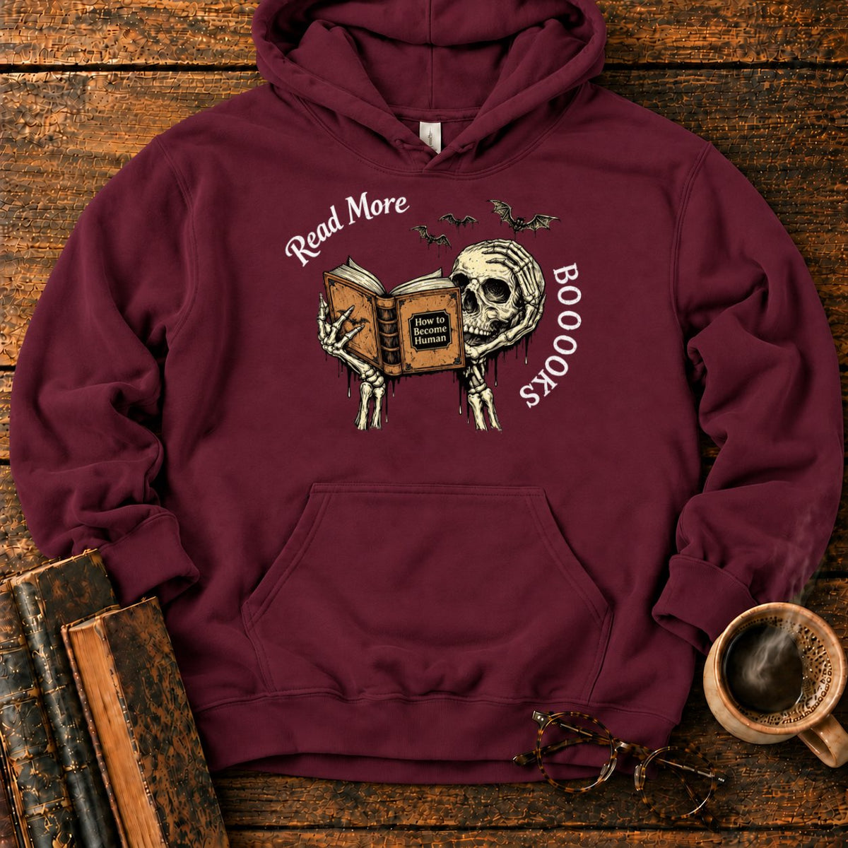 Skeleton Reader With An Open Book Hoodie in Maroon – BooksThreads