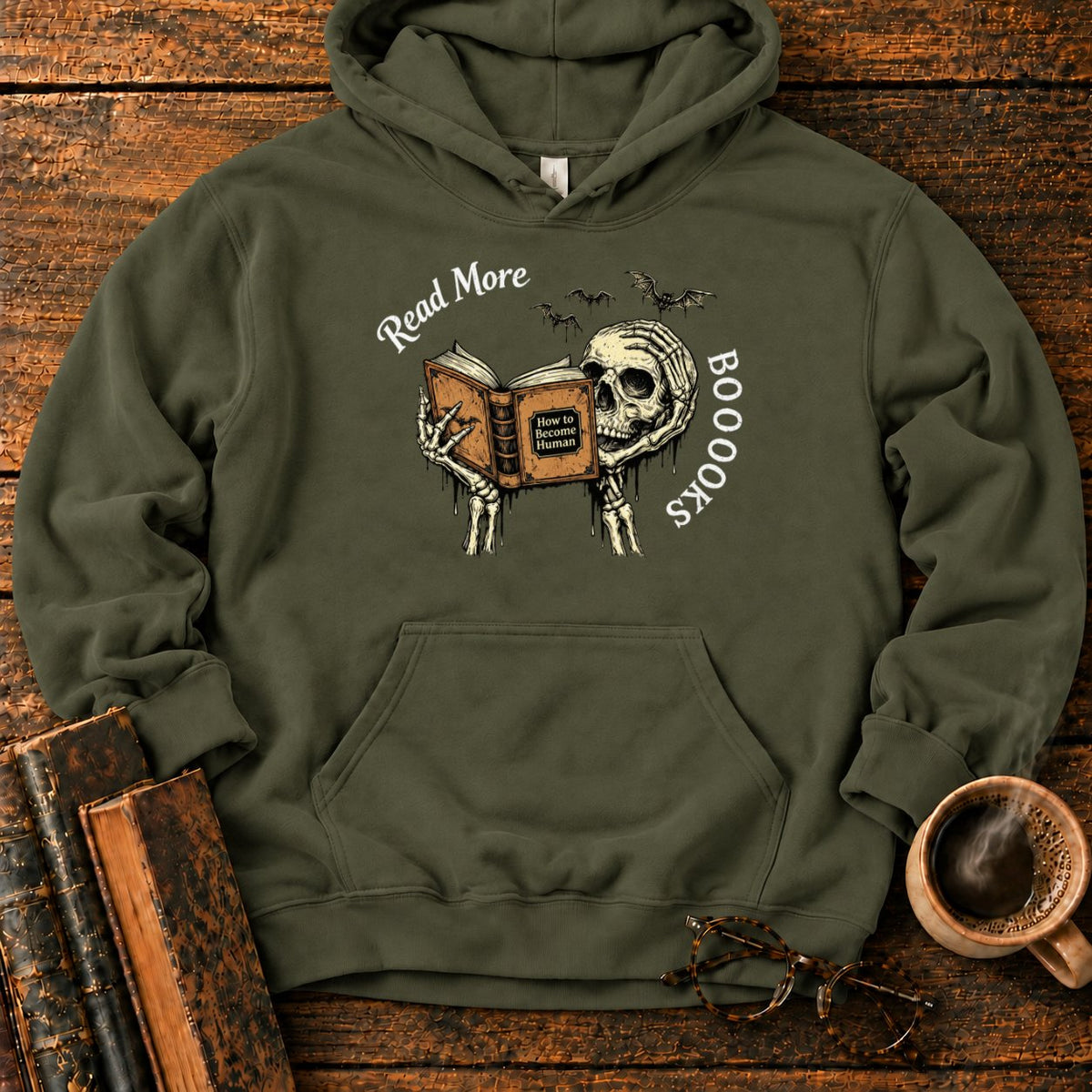 Skeleton Reader With An Open Book Hoodie in Military Green – BooksThreads