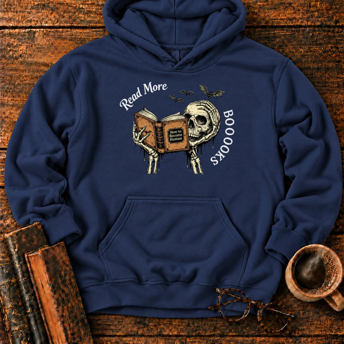 Skeleton Reader With An Open Book Hoodie in Navy – BooksThreads