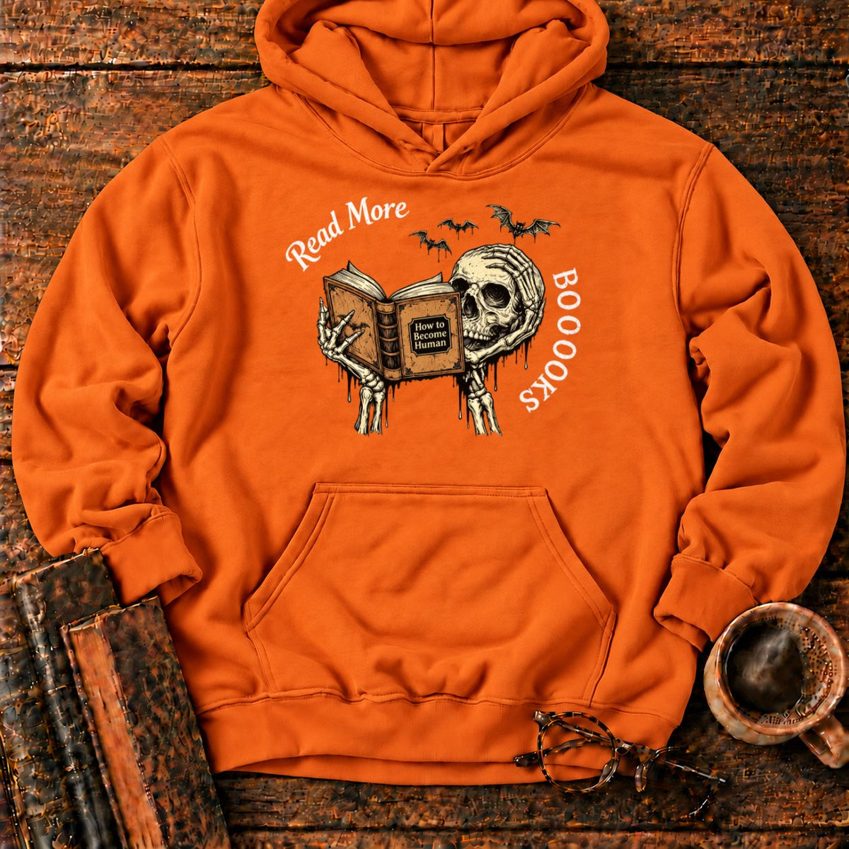 Skeleton Reader With An Open Book Hoodie in Orange – BooksThreads
