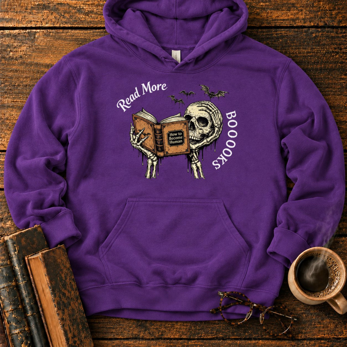 Skeleton Reader With An Open Book Hoodie in Purple – BooksThreads