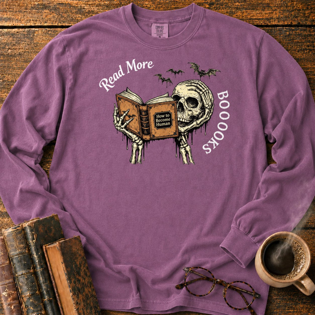 Skeleton Reader With An Open Book LS T-Shirt in Berry – BooksThreads