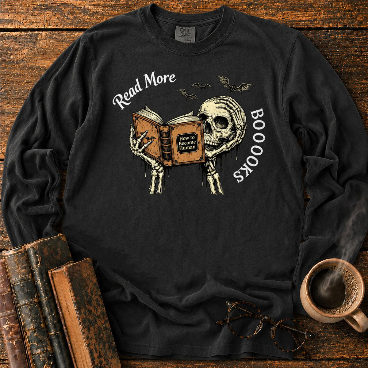Skeleton Reader With An Open Book LS T-Shirt in Black – BooksThreads