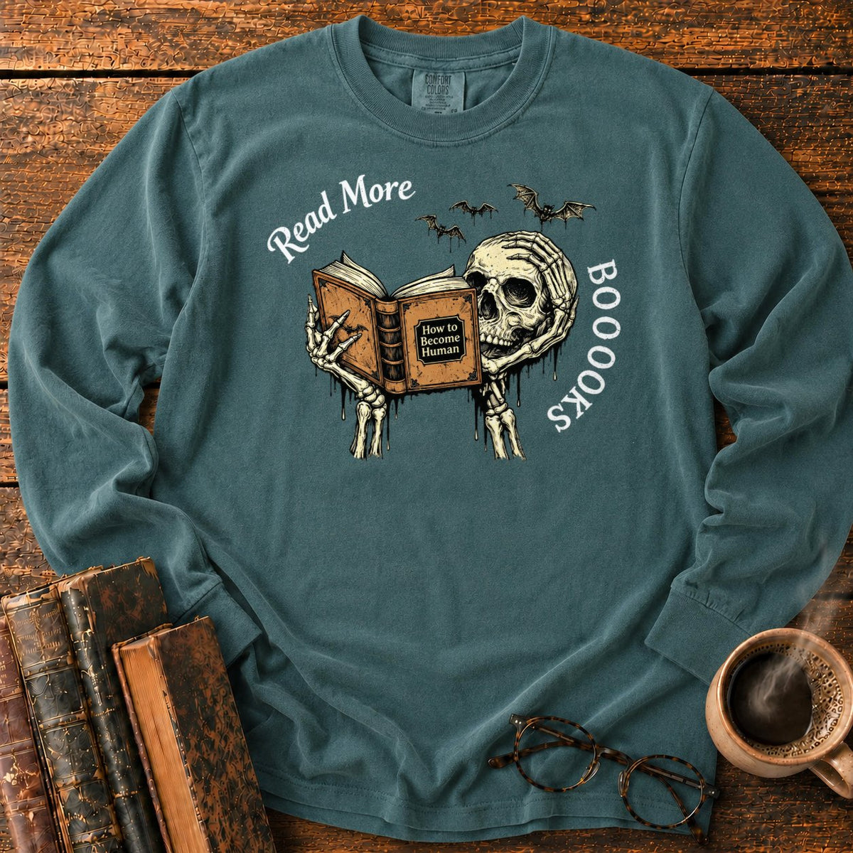 Skeleton Reader With An Open Book LS T-Shirt in Blue Spruce – BooksThreads