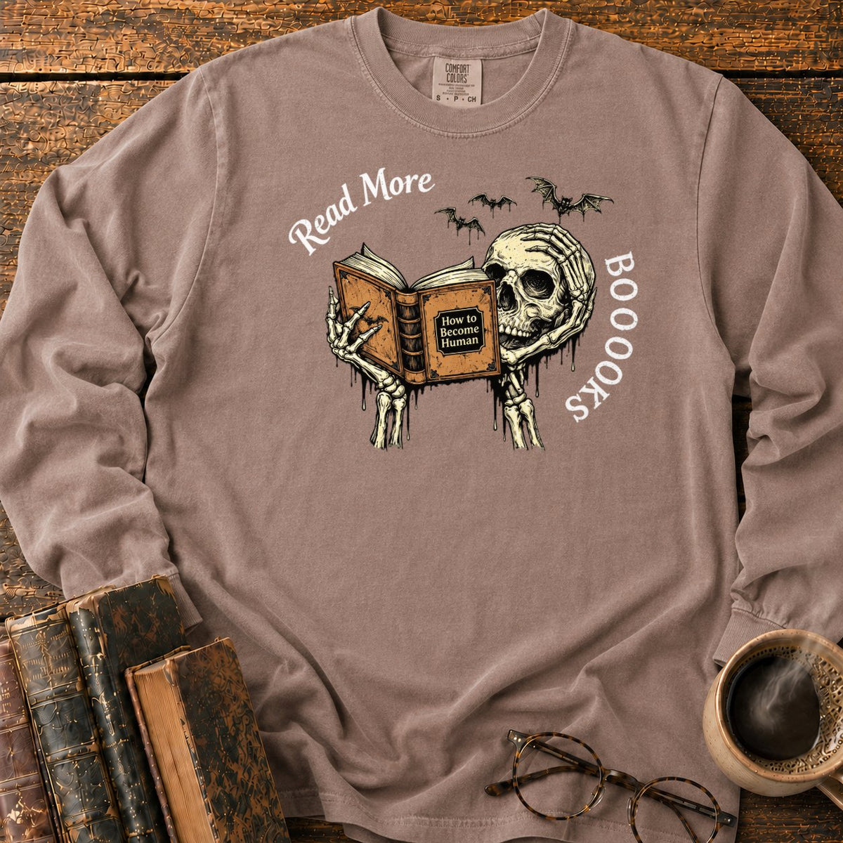Skeleton Reader With An Open Book LS T-Shirt in Espresso – BooksThreads