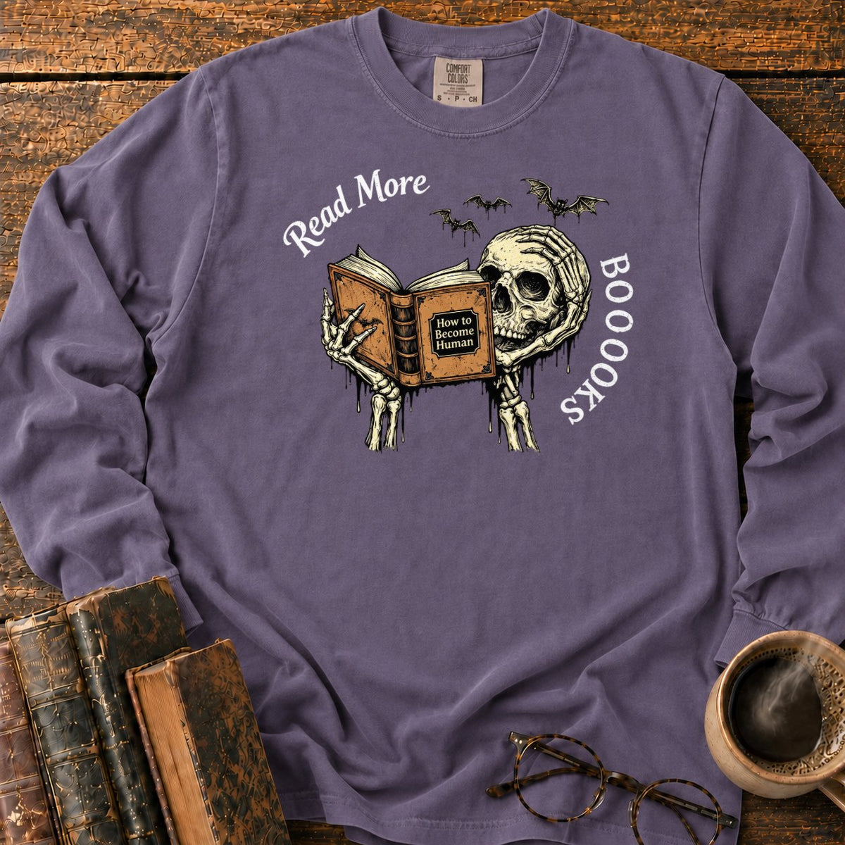 Skeleton Reader With An Open Book LS T-Shirt in Grape – BooksThreads