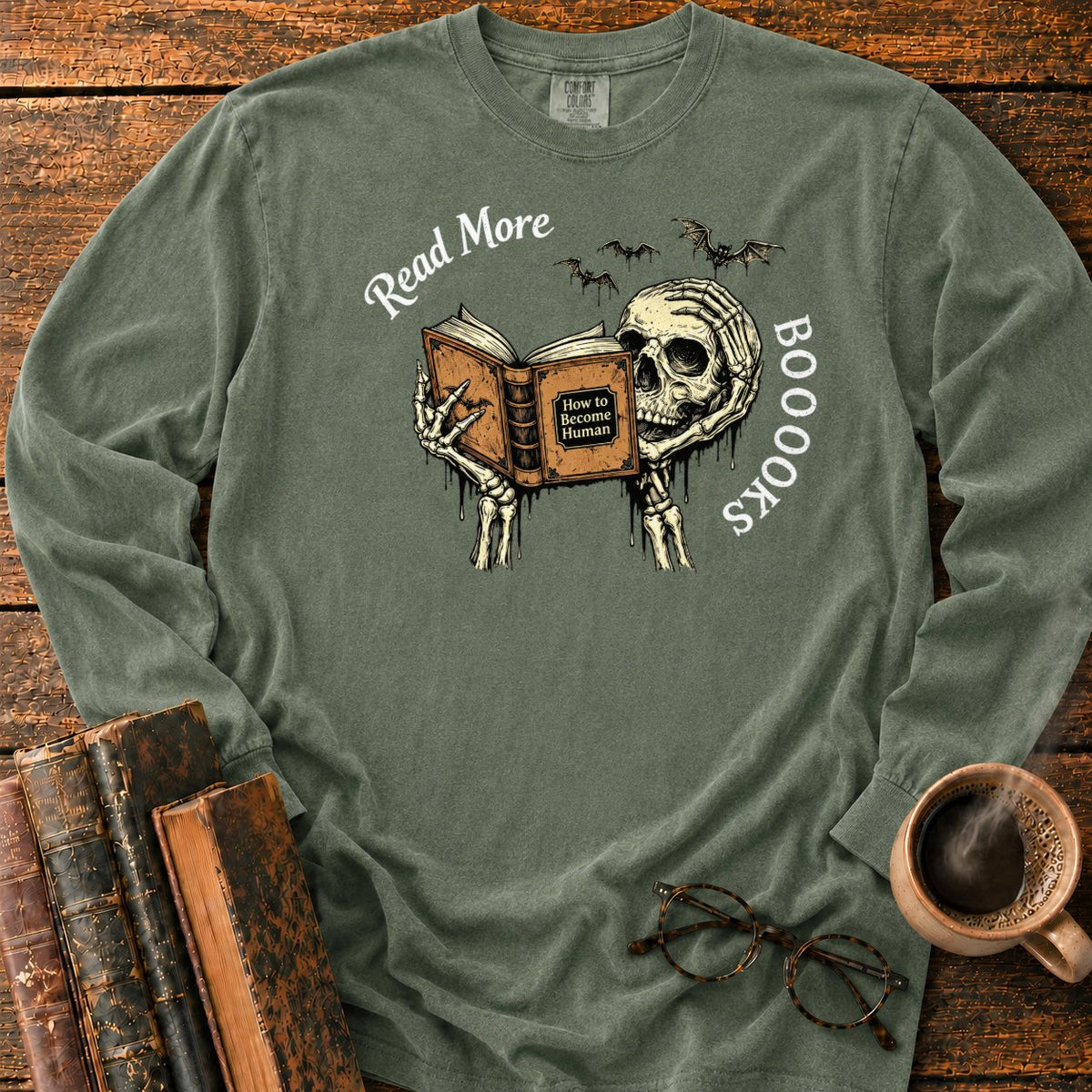 Skeleton Reader With An Open Book LS T-Shirt in Hemp – BooksThreads