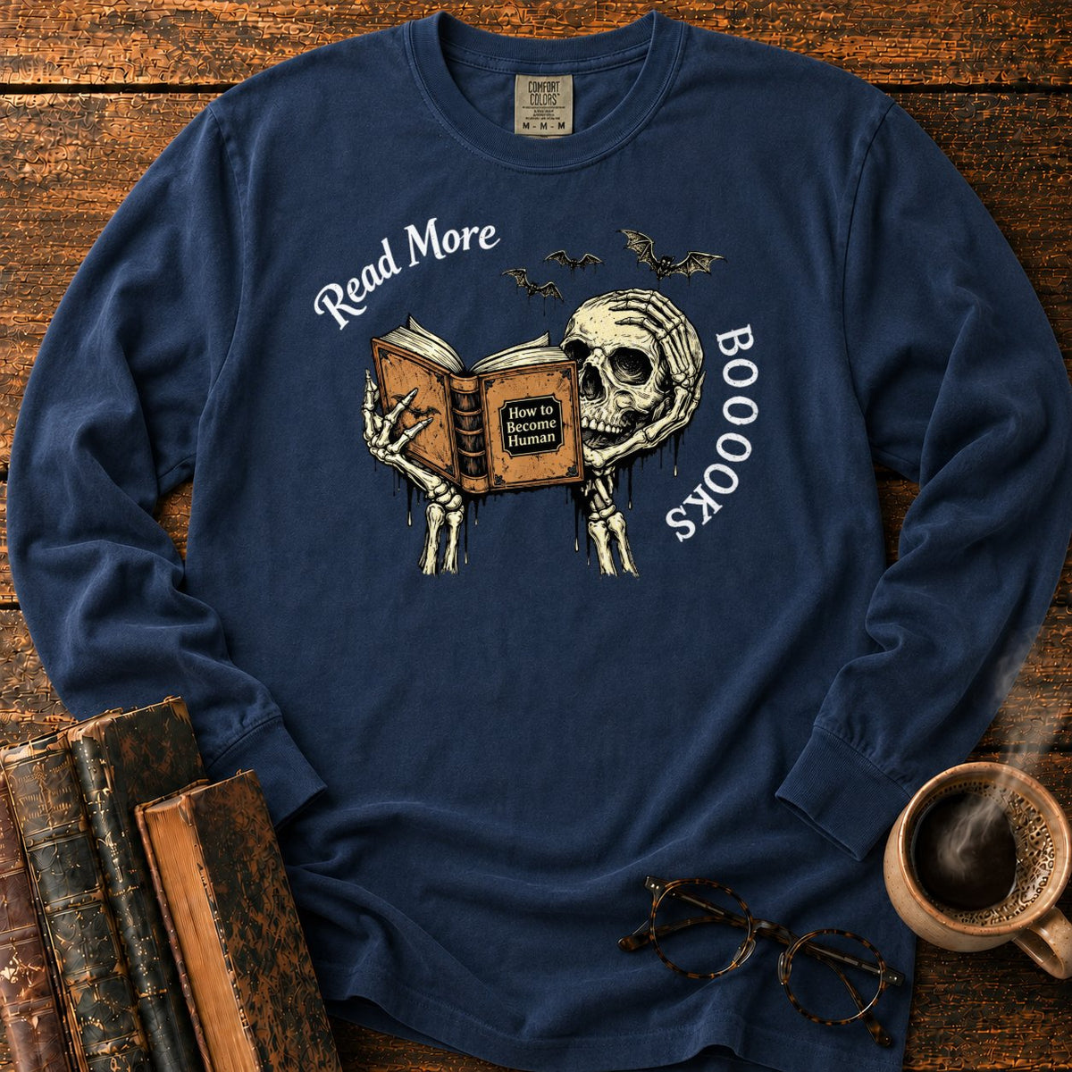 Skeleton Reader With An Open Book LS T-Shirt in Midnight – BooksThreads